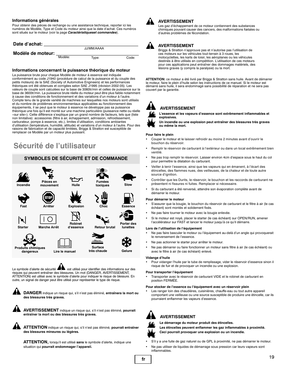 Sécurité de l’utilisateur, 19 fr, Date d’achat: modèle de moteur | Symboles de sécurité et de commande | Briggs & Stratton 100000 User Manual | Page 19 / 28