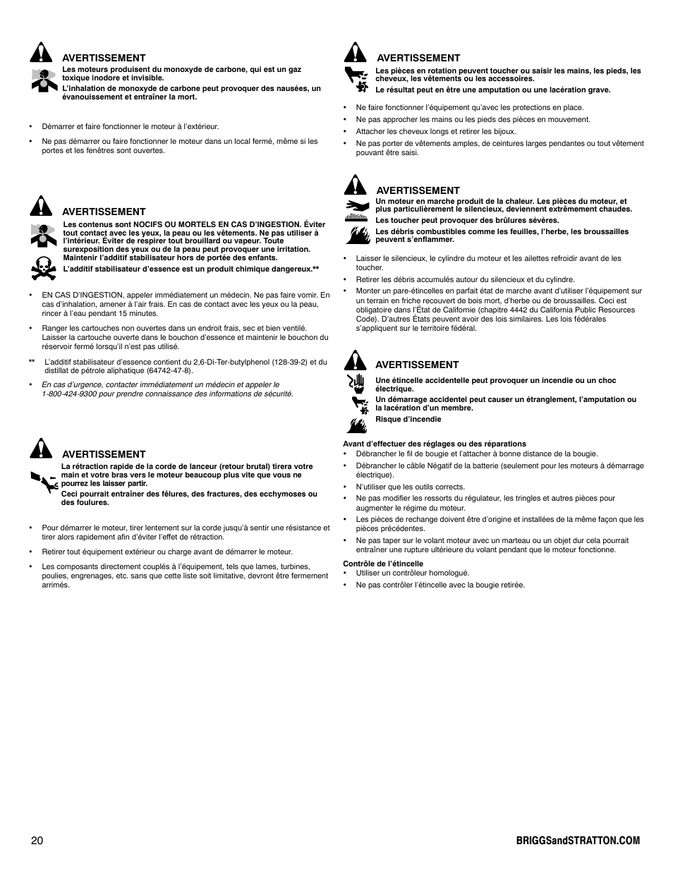 Avertissement | Briggs & Stratton 100000 User Manual | Page 20 / 28