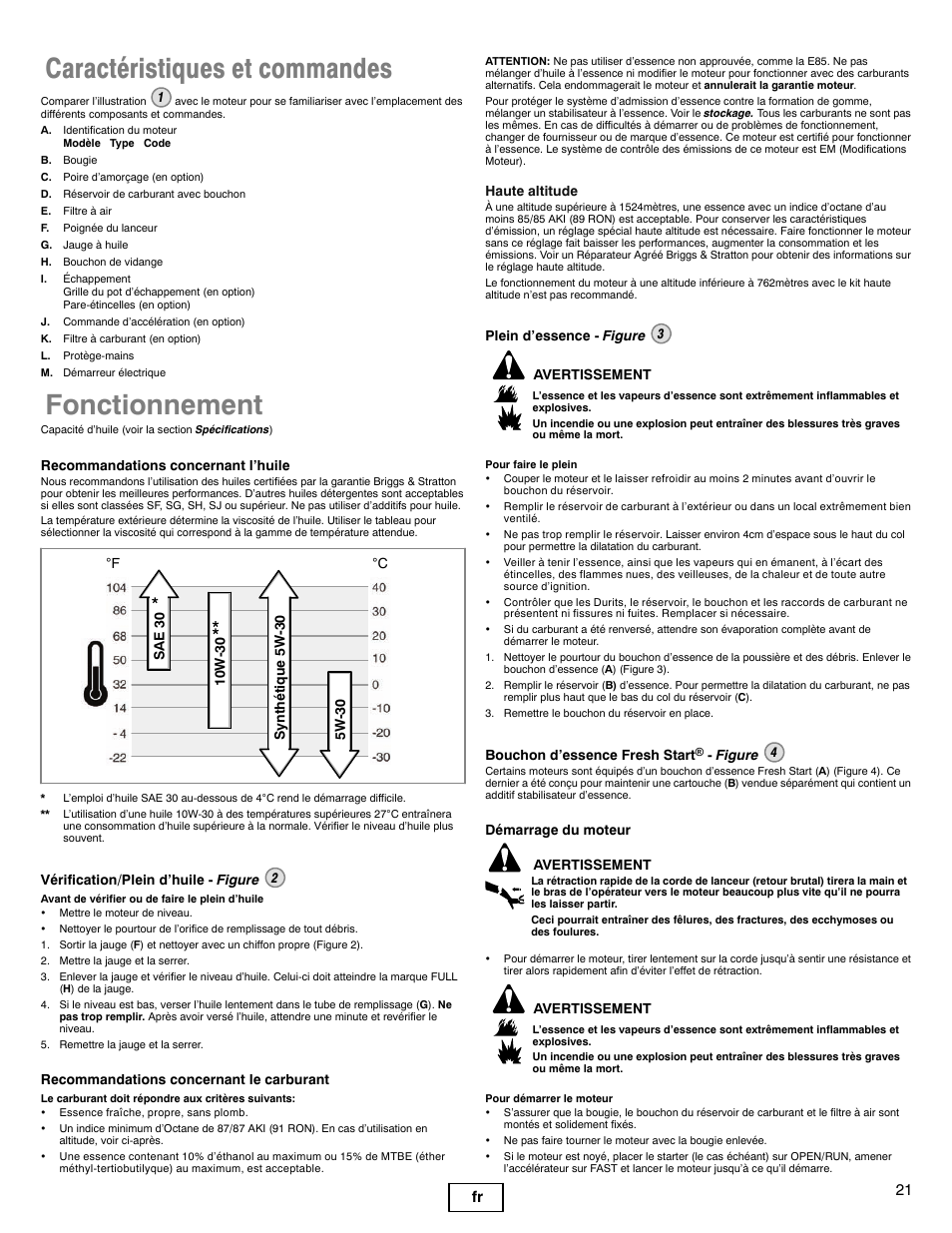 Caractéristiques et commandes, Fonctionnement, 21 fr | Briggs & Stratton 100000 User Manual | Page 21 / 28
