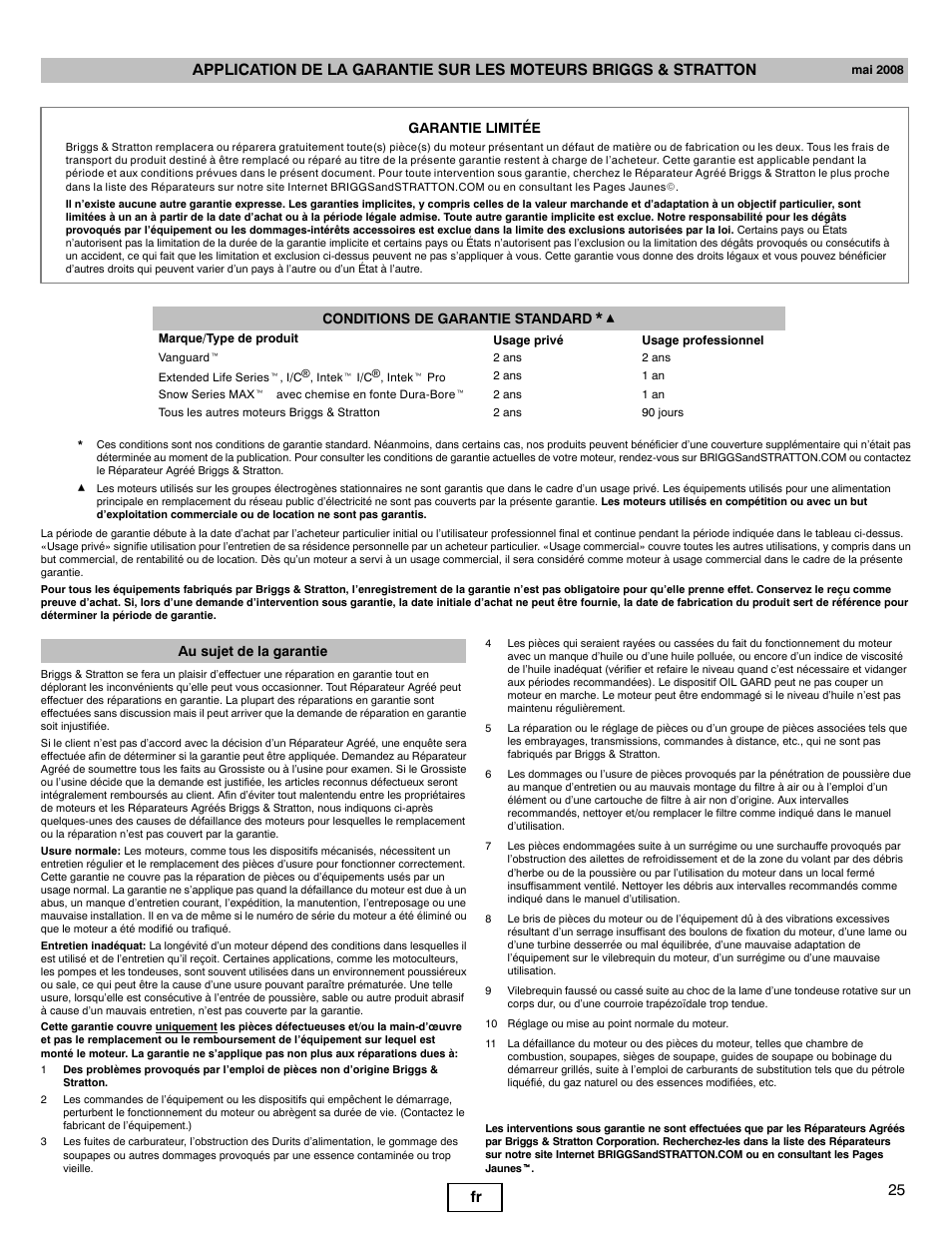 Garantie limitée conditions de garantie standard, Au sujet de la garantie | Briggs & Stratton 100000 User Manual | Page 25 / 28