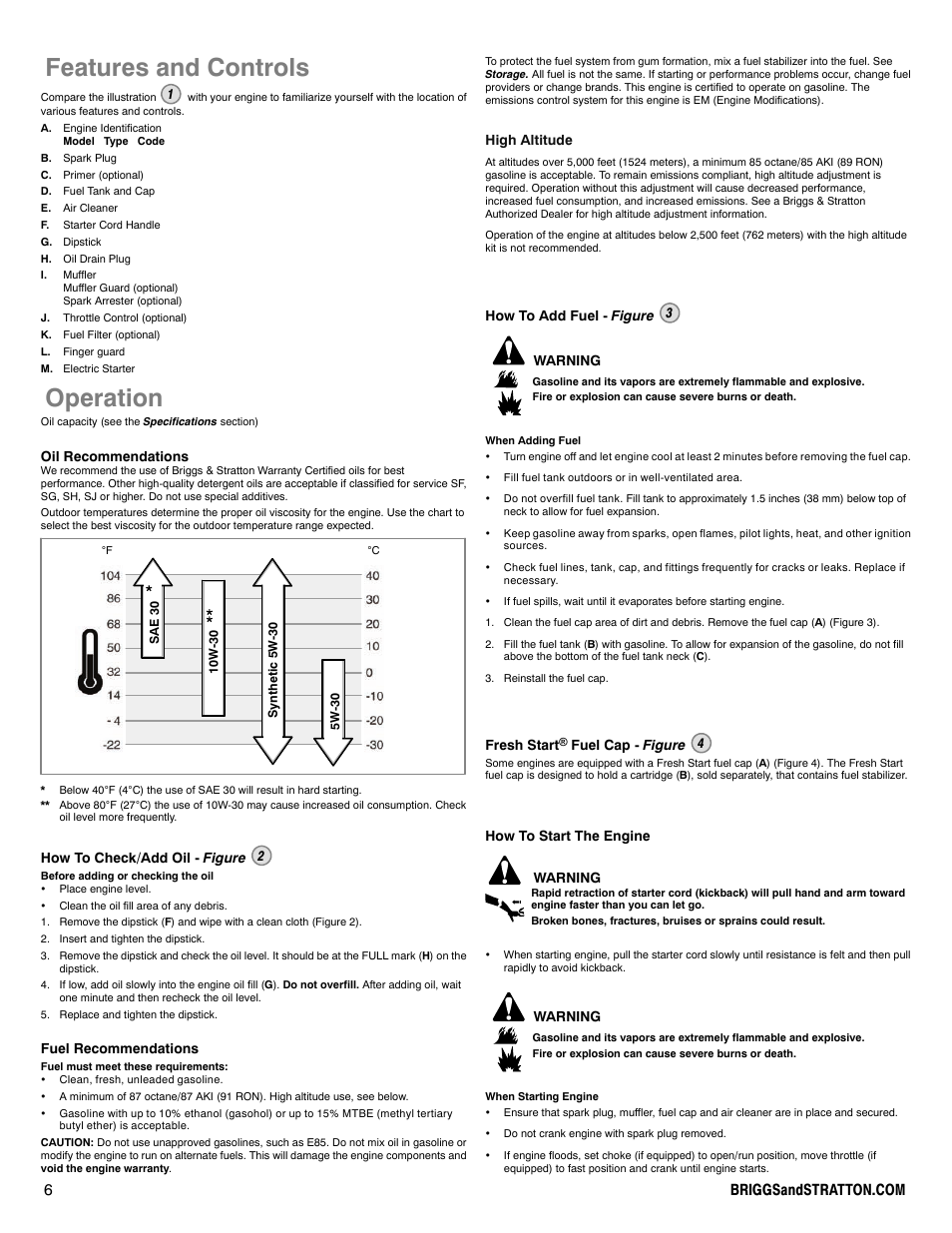 Features and controls, Operation | Briggs & Stratton 100000 User Manual | Page 6 / 28