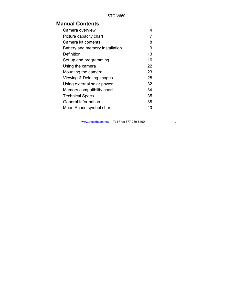 Manual contents | Stealth Cam STC-V650MTR Sniper User Manual | Page 3 / 40