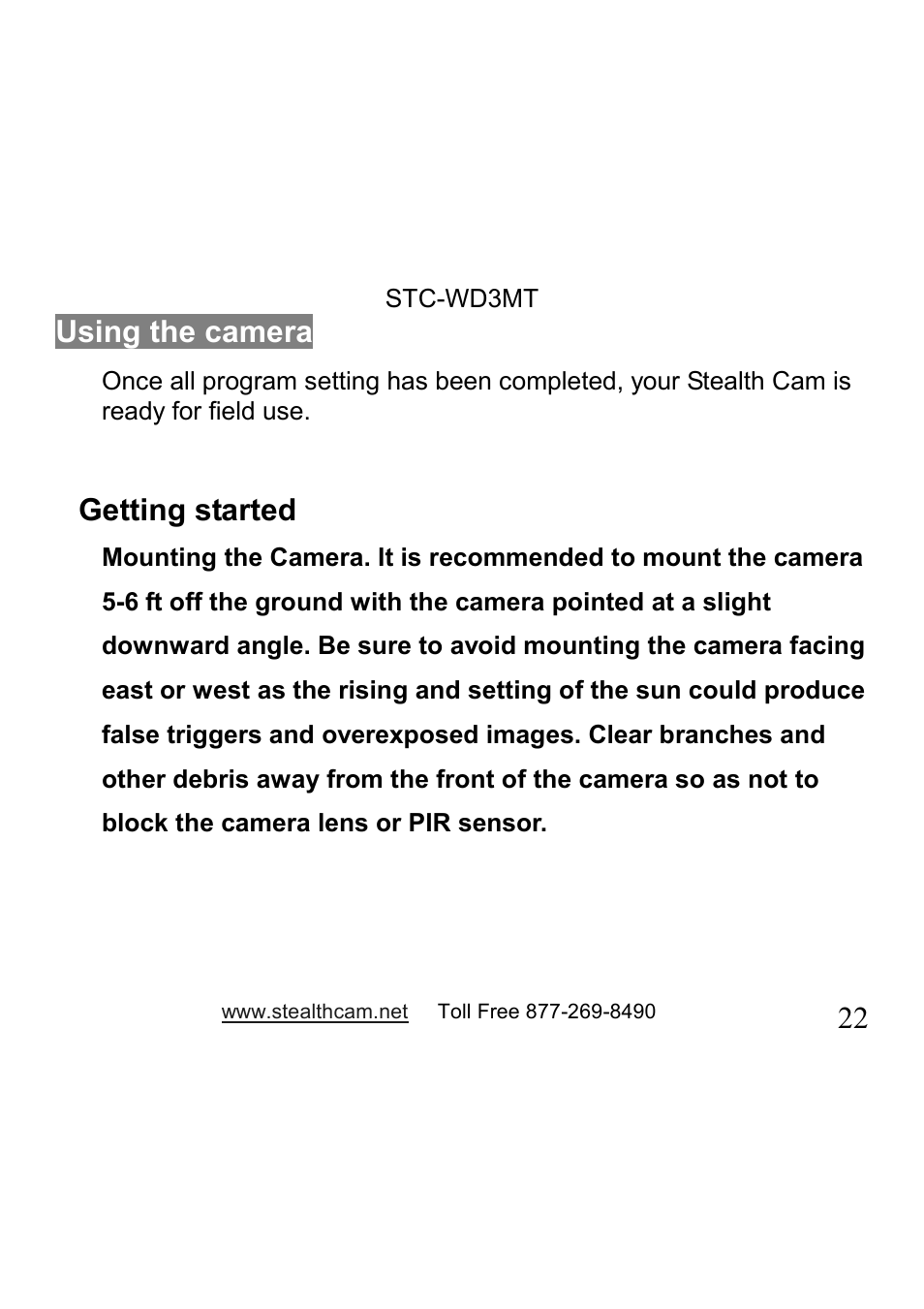 22 using the camera, Getting started | Stealth Cam STC-WD3MT V330MT User Manual | Page 22 / 47