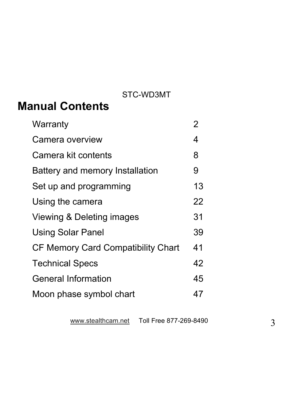 Manual contents | Stealth Cam STC-WD3MT V330MT User Manual | Page 3 / 47