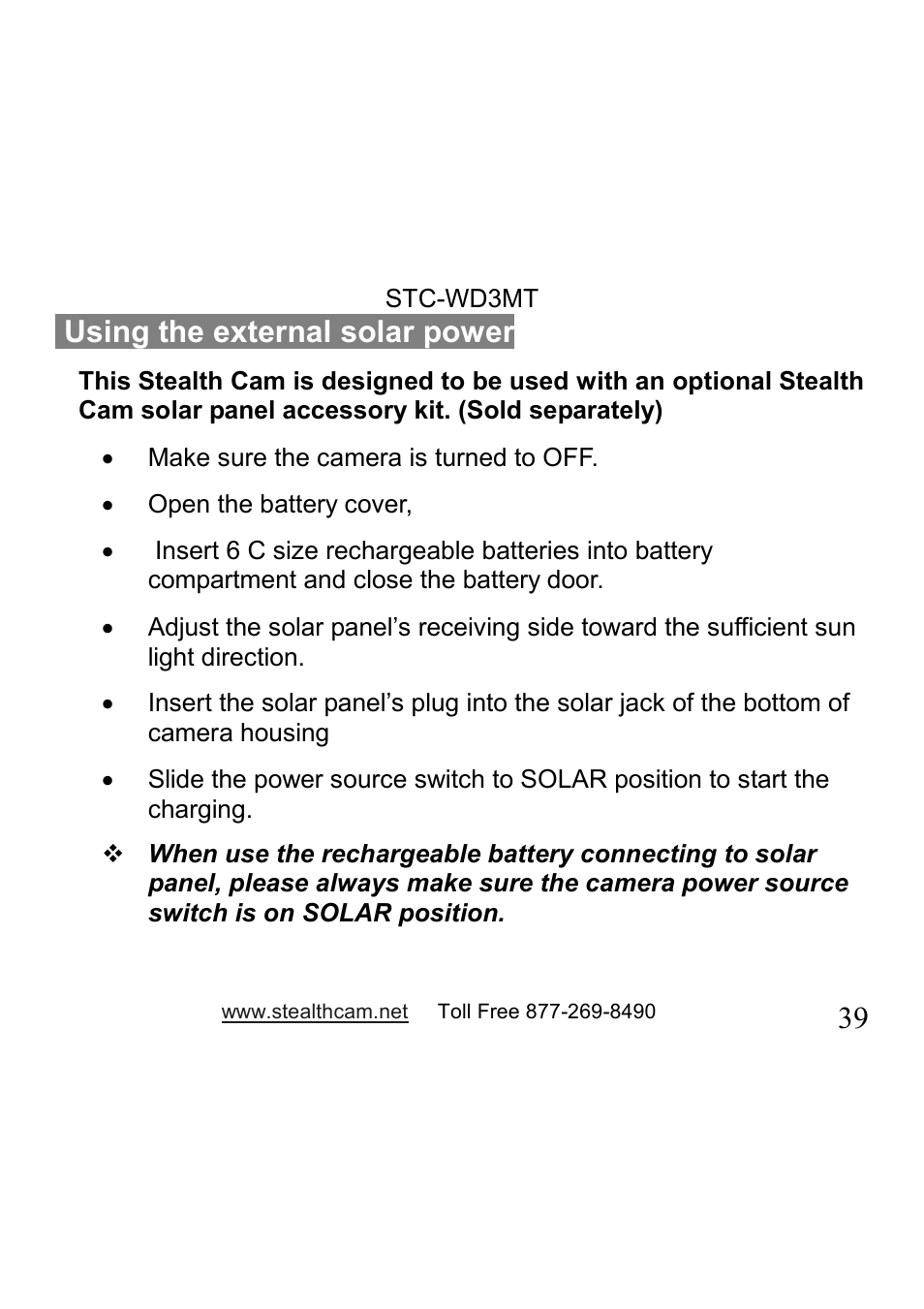 39 using the external solar power | Stealth Cam STC-WD3MT V330MT User Manual | Page 39 / 47