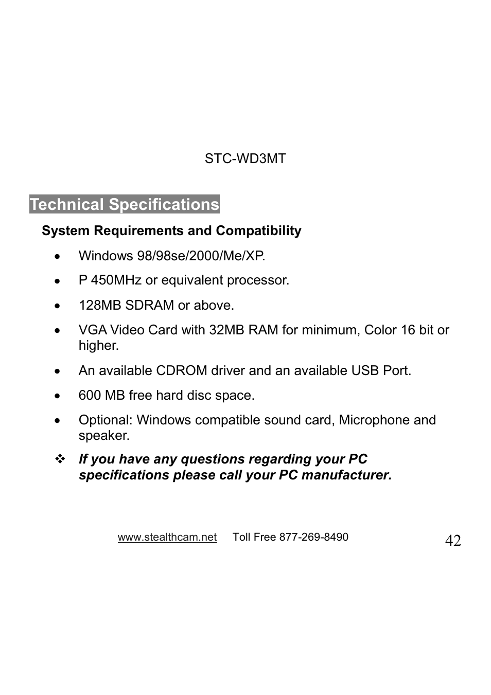 42 technical specifications | Stealth Cam STC-WD3MT V330MT User Manual | Page 42 / 47