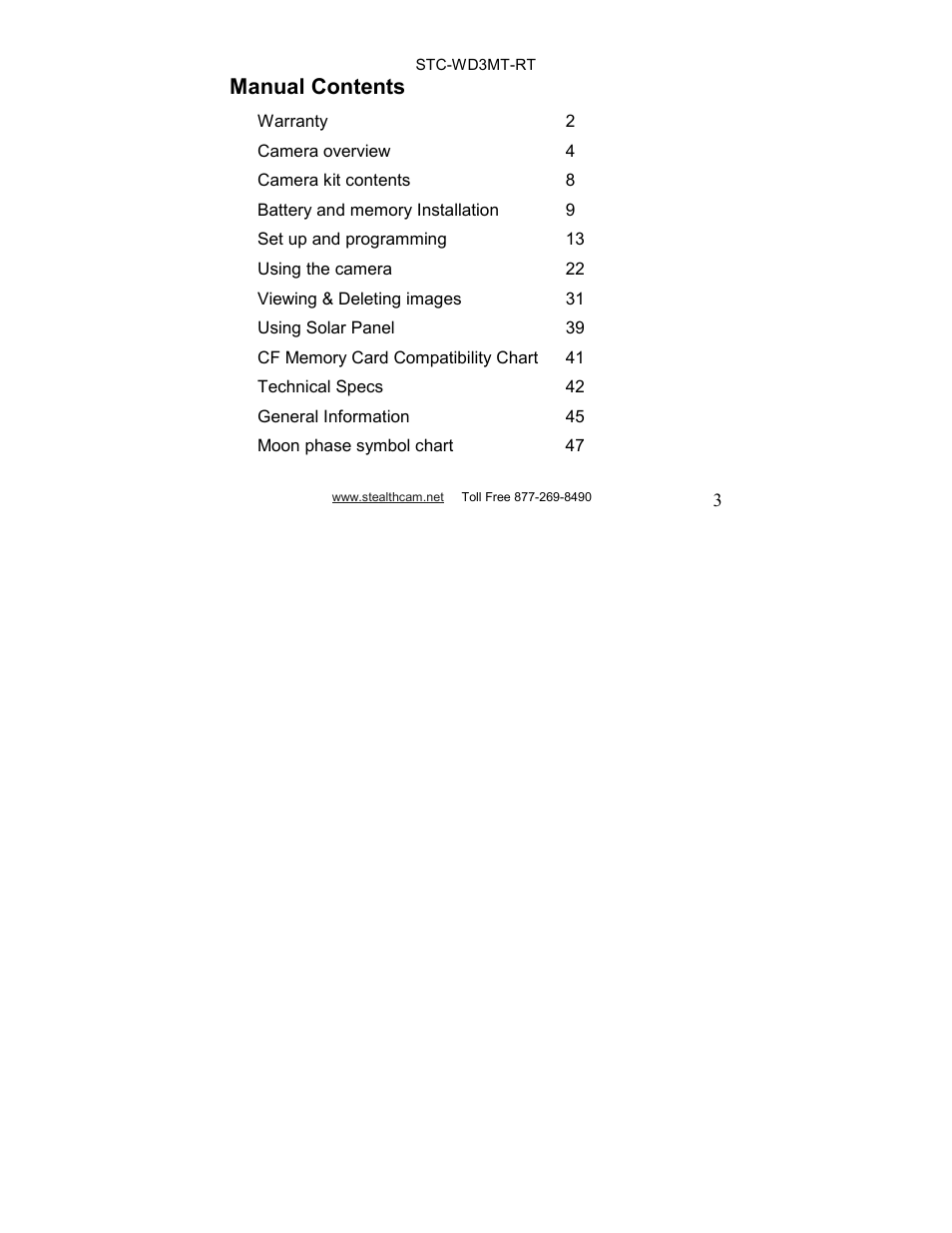 Manual contents | Stealth Cam STC-WD3MT-RT V330MTR User Manual | Page 3 / 47