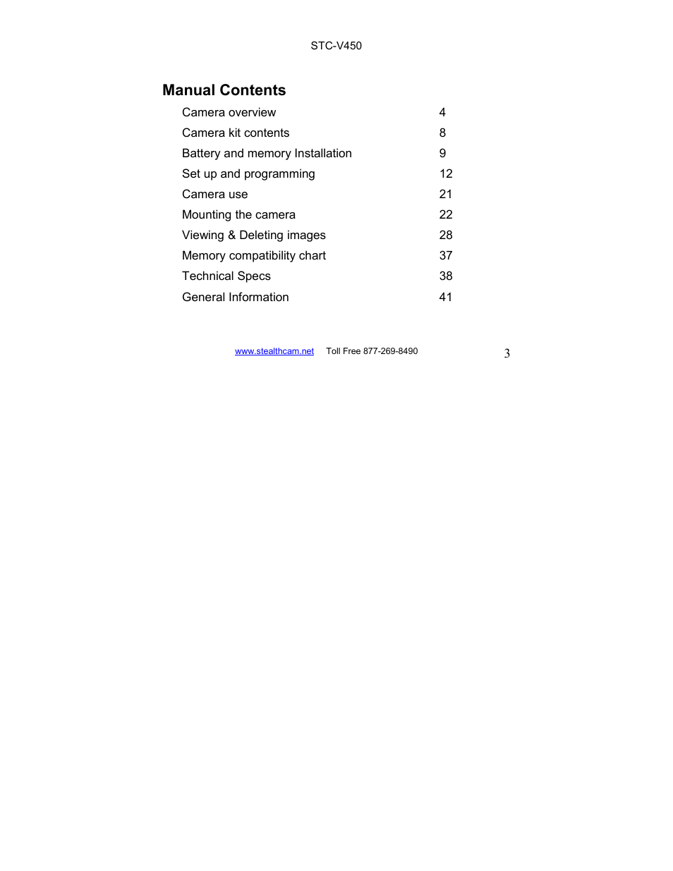 Manual contents | Stealth Cam STC-V450 User Manual | Page 3 / 42