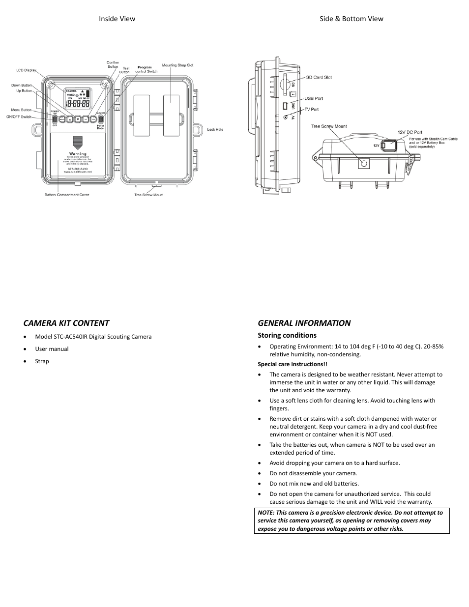 Camera kit content, General information | Stealth Cam STC-AC540IR Archer's Choice User Manual | Page 2 / 12