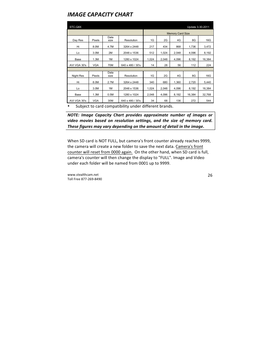 Image capacity chart | Stealth Cam STC-QX8 Delta 8 User Manual | Page 26 / 30