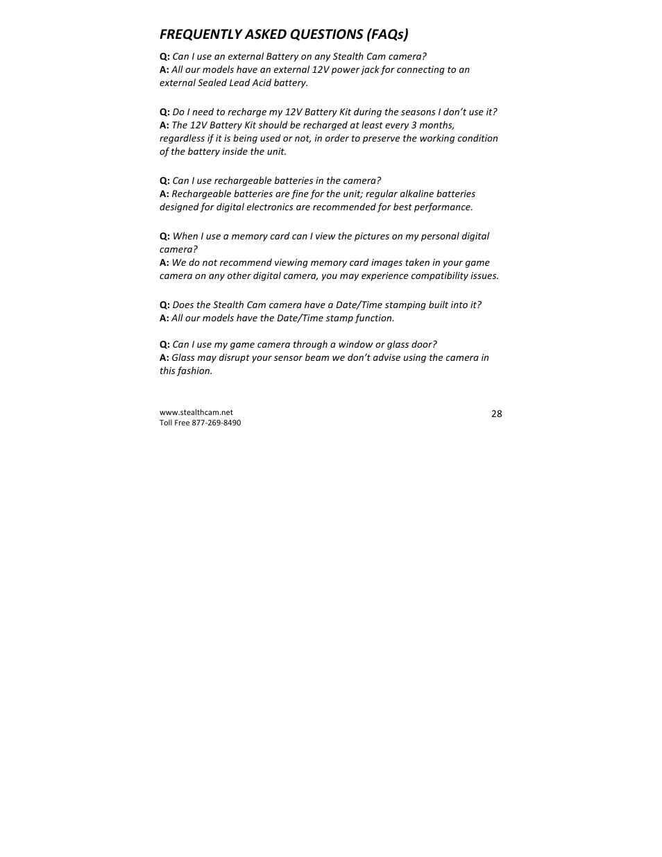 Frequently asked questions (faqs) | Stealth Cam STC-QX8 Delta 8 User Manual | Page 28 / 30