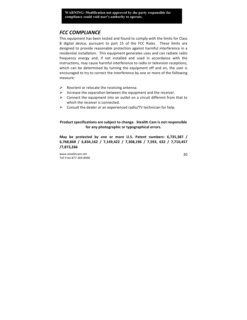Fcc compliance | Stealth Cam STC-QX8 Delta 8 User Manual | Page 30 / 30
