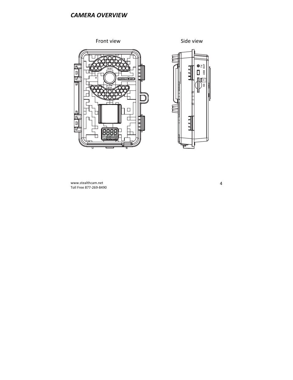 Camera overview, Front view side view | Stealth Cam STC-QX8 Delta 8 User Manual | Page 4 / 30
