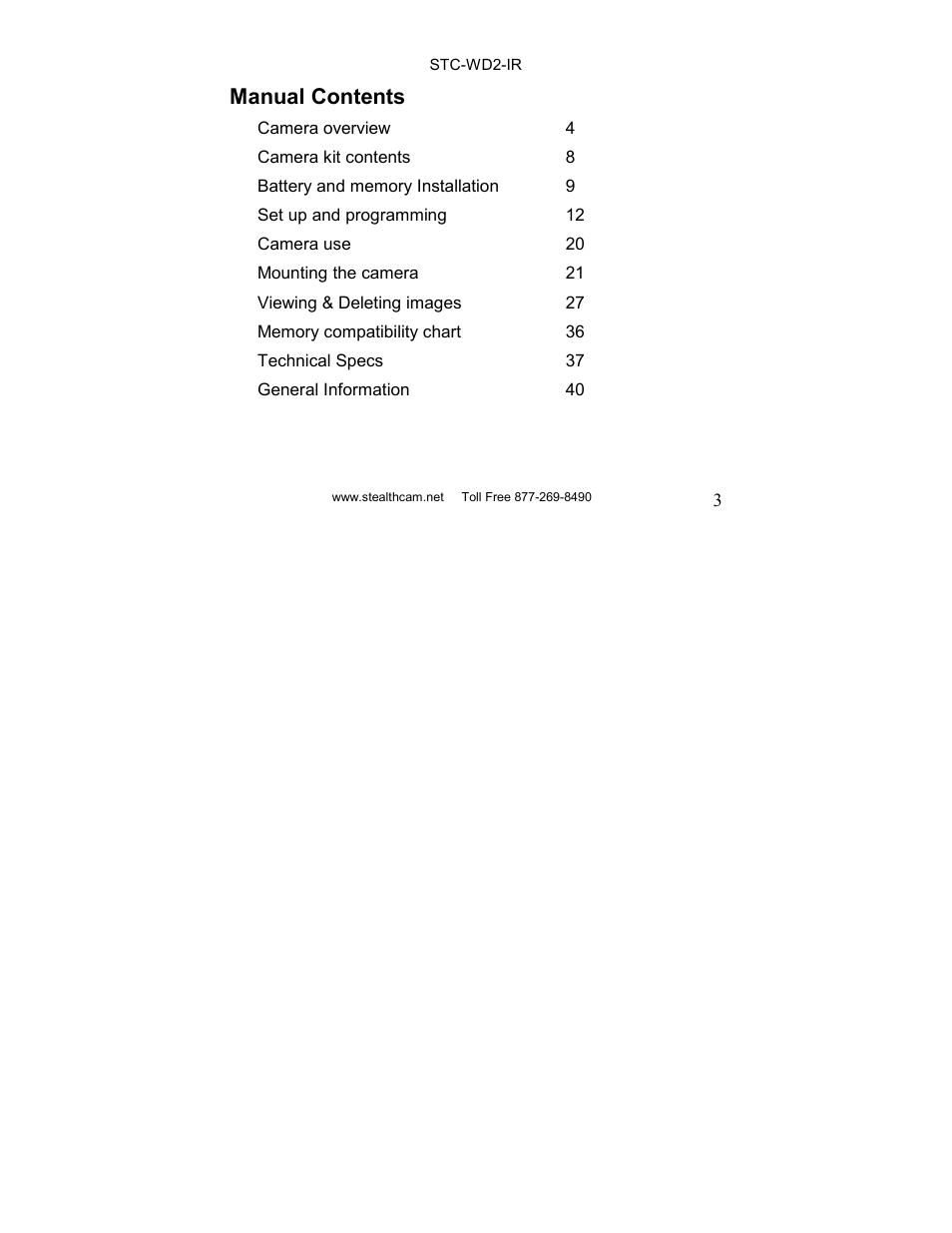 Manual contents | Stealth Cam STC-WD2IR I230IR User Manual | Page 3 / 41