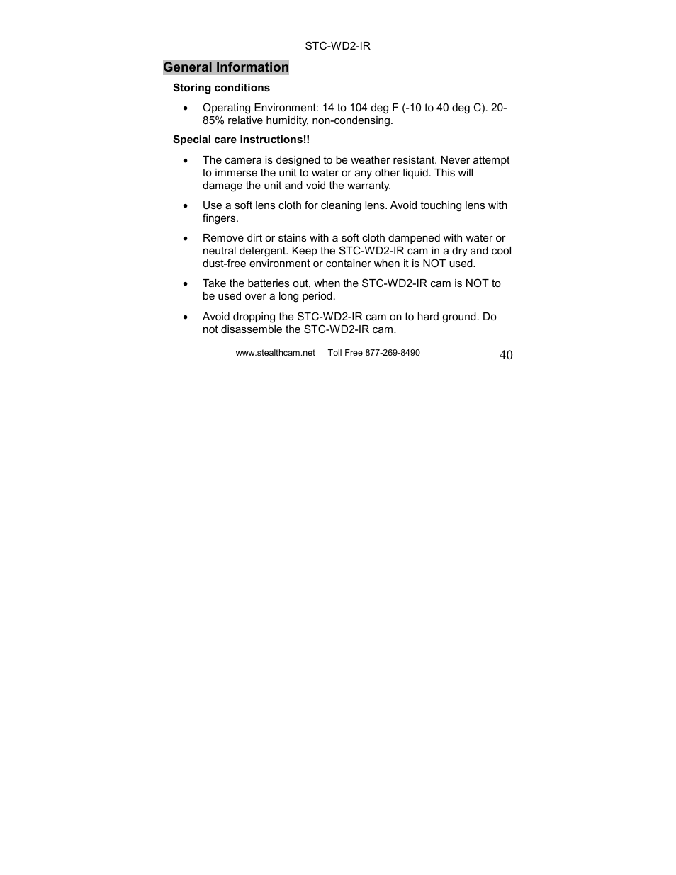 Stealth Cam STC-WD2IR I230IR User Manual | Page 40 / 41