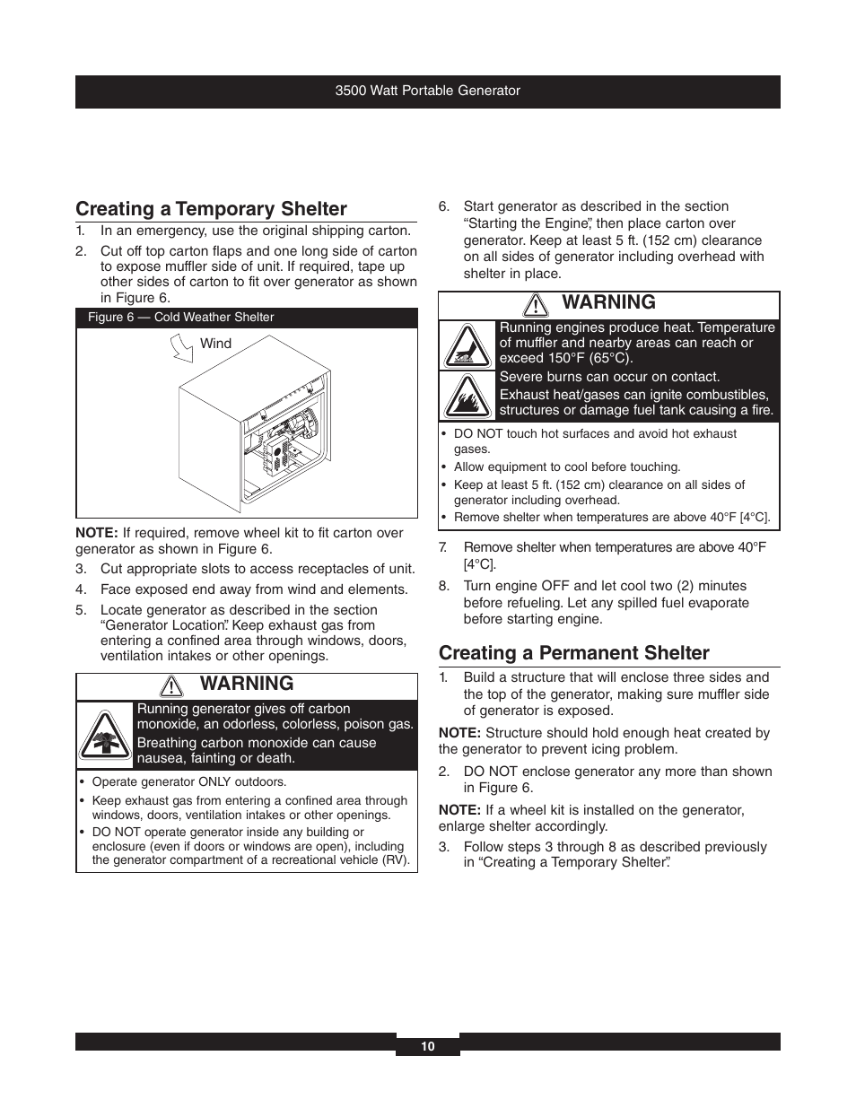 Creating a temporary shelter, Creating a permanent shelter, Warning | Briggs & Stratton 196382GS User Manual | Page 10 / 44