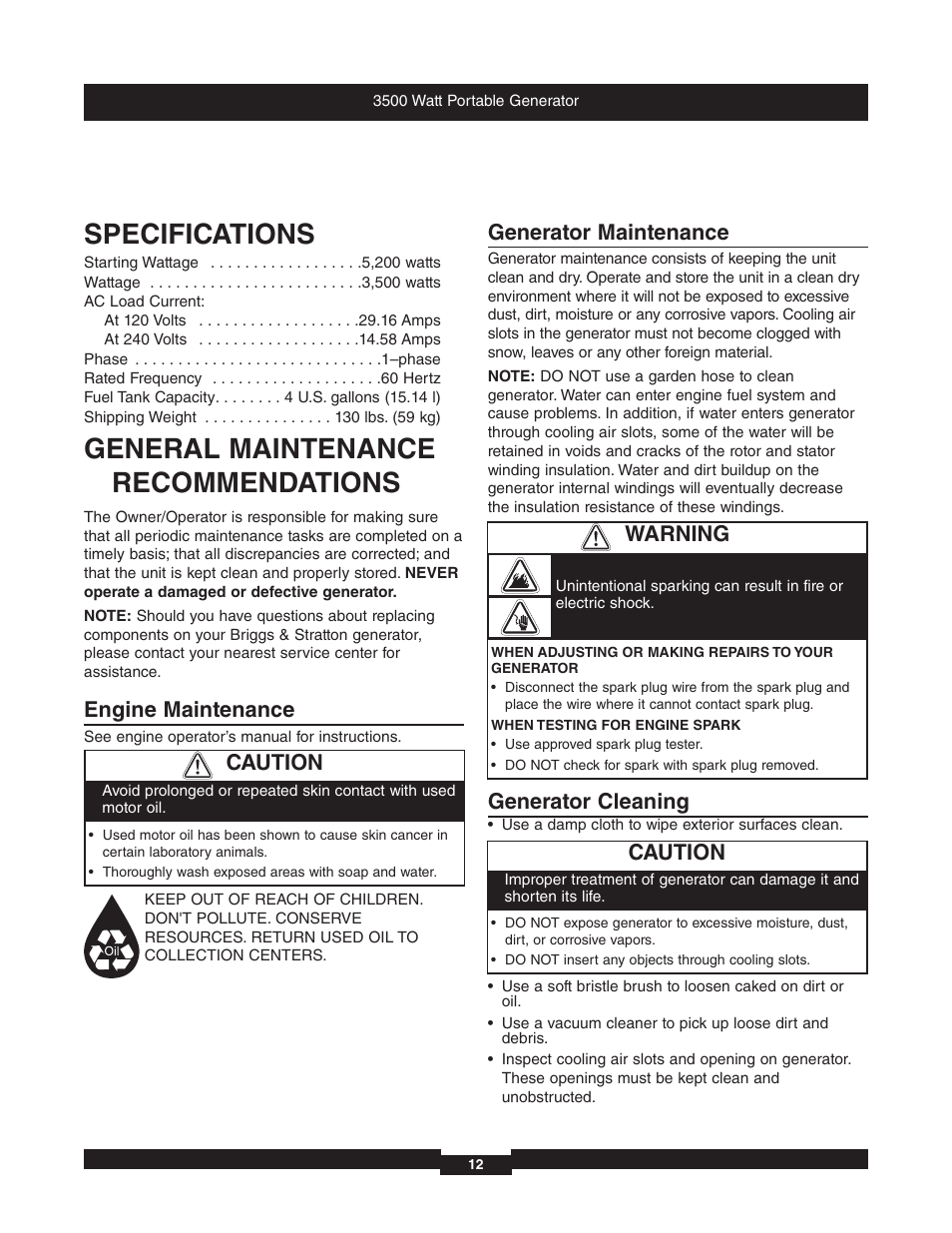 Specifications, General maintenance recommendations, Engine maintenance | Generator maintenance, Generator cleaning, Caution, Warning | Briggs & Stratton 196382GS User Manual | Page 12 / 44