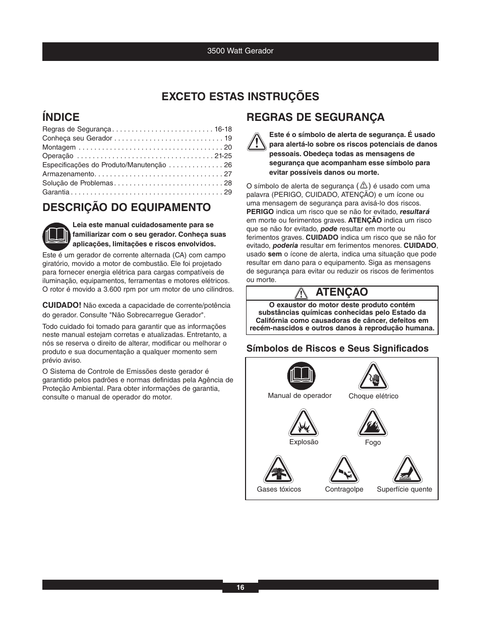 Índice, Descrição do equipamento, Regras de segurança | Atenção exceto estas instruções | Briggs & Stratton 196382GS User Manual | Page 16 / 44