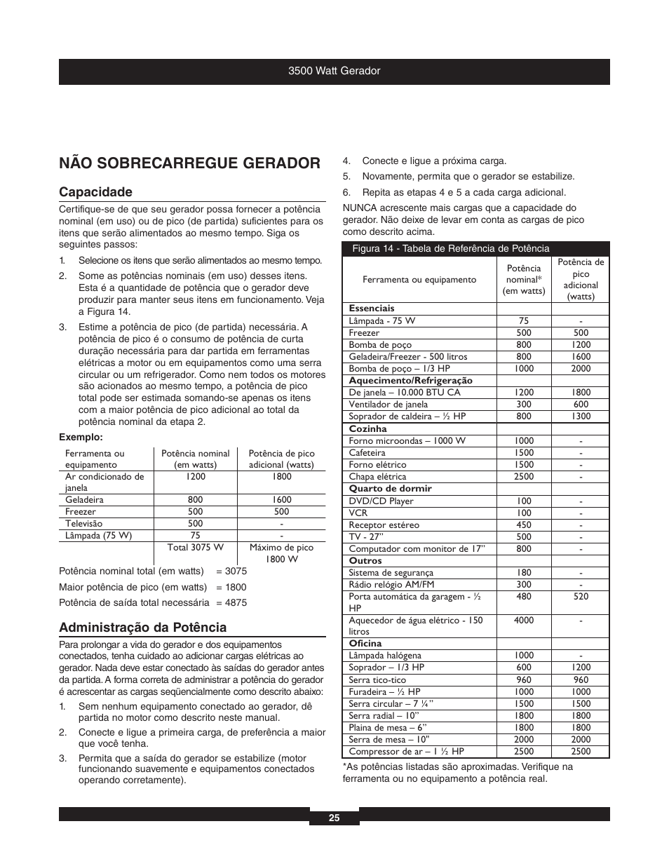Não sobrecarregue gerador, Capacidade, Administração da potência | Briggs & Stratton 196382GS User Manual | Page 25 / 44
