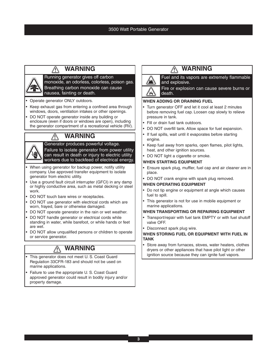 Warning | Briggs & Stratton 196382GS User Manual | Page 3 / 44