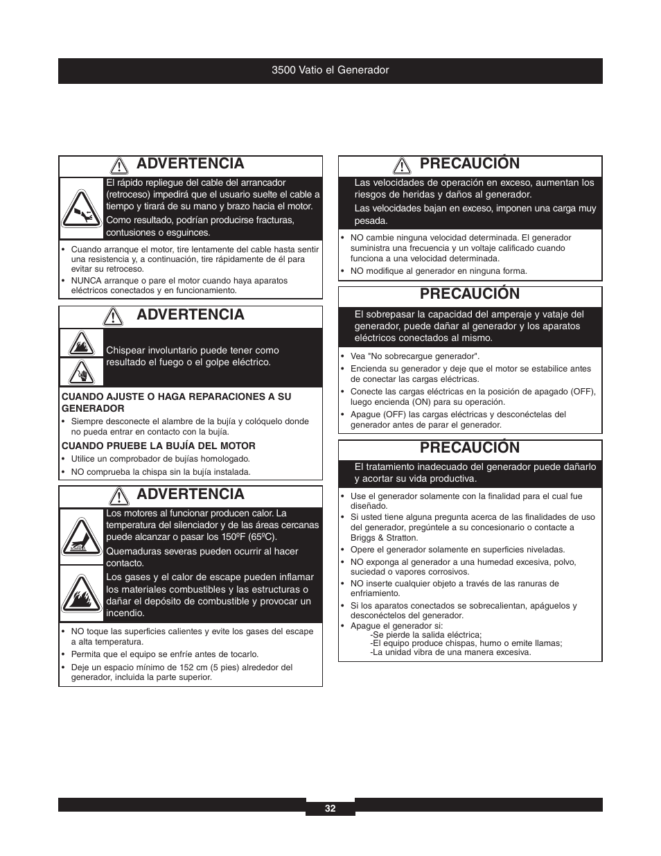 Precaución, Advertencia | Briggs & Stratton 196382GS User Manual | Page 32 / 44