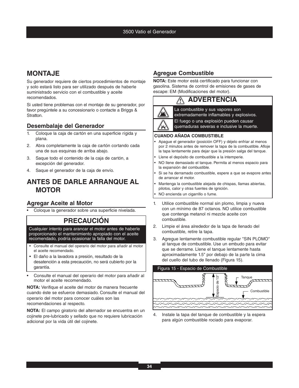 Montaje, Antes de darle arranque al motor, Precaución | Advertencia, Desembalaje del generador, Agregar aceite al motor, Agregue combustible | Briggs & Stratton 196382GS User Manual | Page 34 / 44