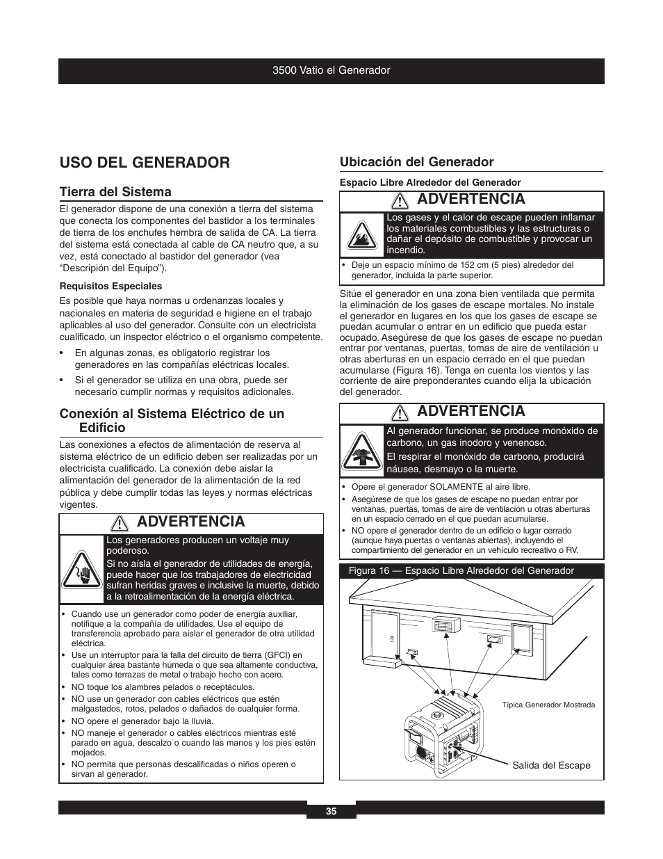 Uso del generador, Advertencia, Tierra del sistema | Conexión al sistema eléctrico de un edificio, Ubicación del generador | Briggs & Stratton 196382GS User Manual | Page 35 / 44