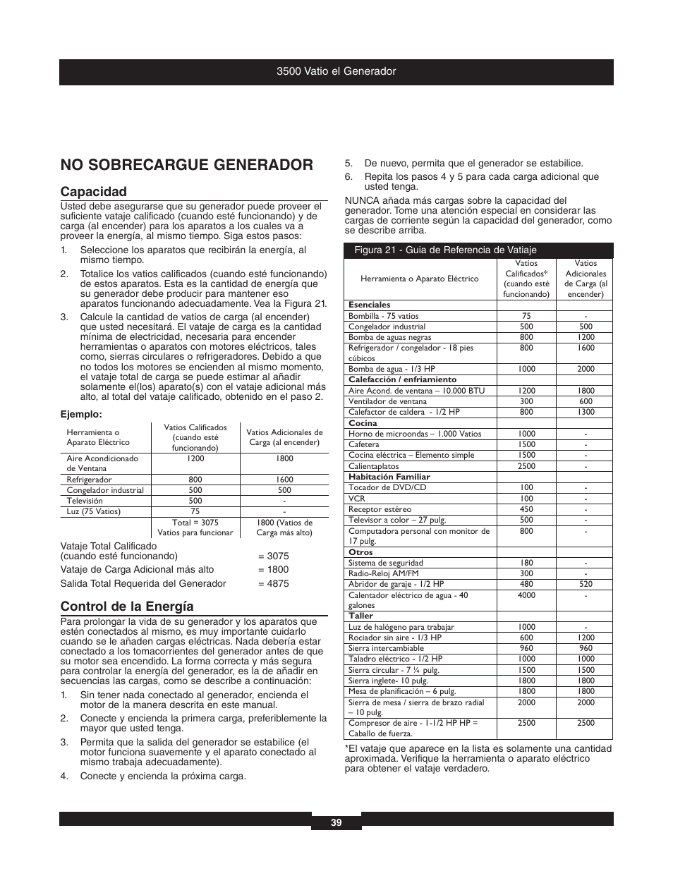 No sobrecargue generador, Capacidad, Control de la energía | Briggs & Stratton 196382GS User Manual | Page 39 / 44