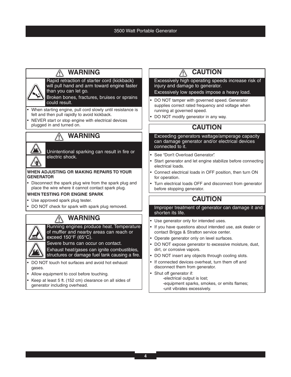 Caution, Warning | Briggs & Stratton 196382GS User Manual | Page 4 / 44