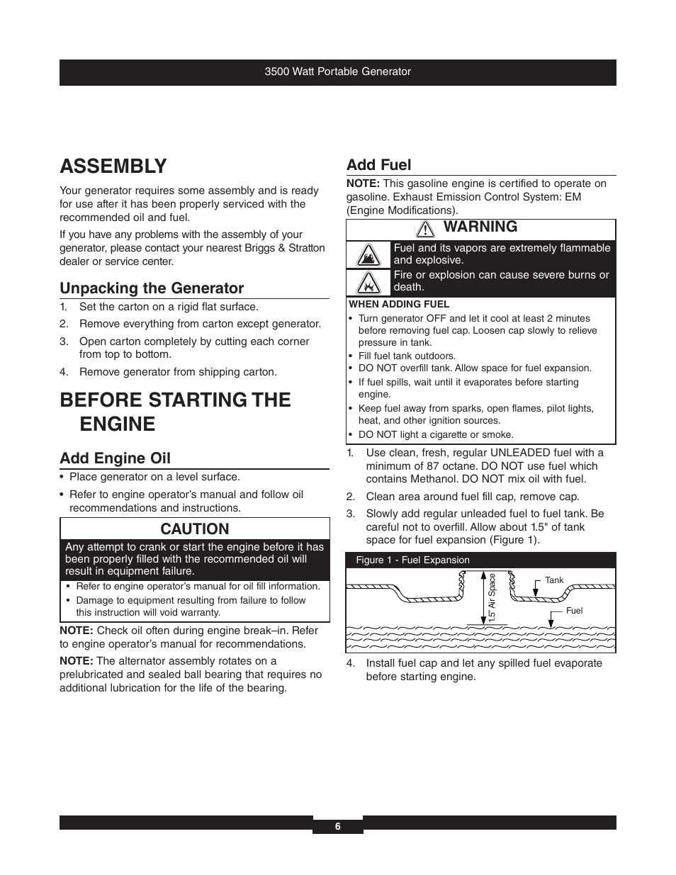 Assembly, Before starting the engine, Unpacking the generator | Add engine oil, Add fuel, Caution, Warning | Briggs & Stratton 196382GS User Manual | Page 6 / 44