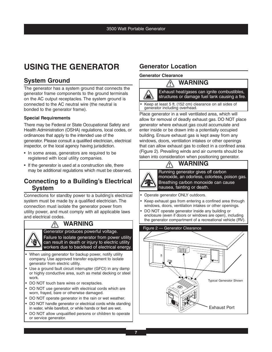 Using the generator, System ground, Connecting to a building’s electrical system | Generator location, Warning | Briggs & Stratton 196382GS User Manual | Page 7 / 44