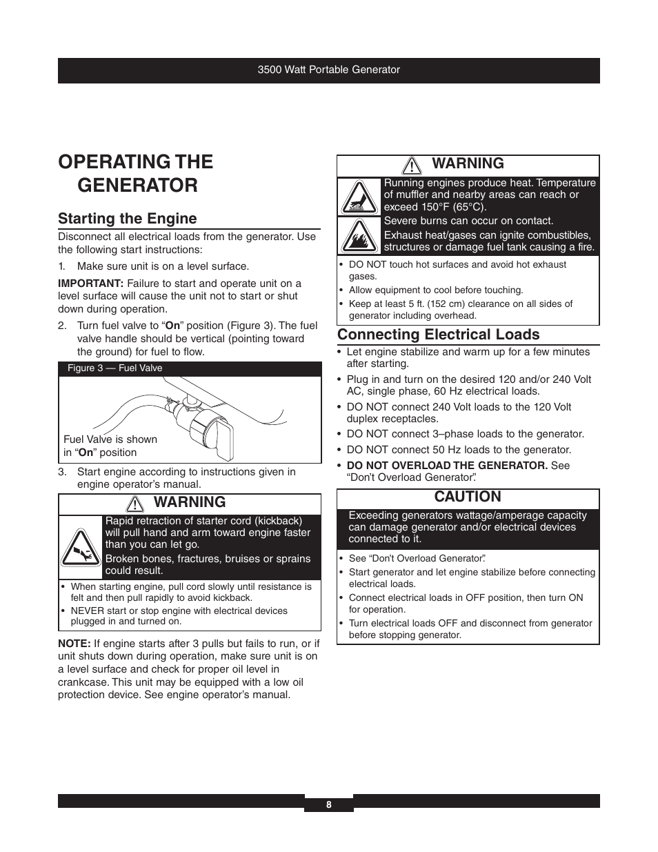 Operating the generator, Starting the engine, Connecting electrical loads | Caution, Warning | Briggs & Stratton 196382GS User Manual | Page 8 / 44