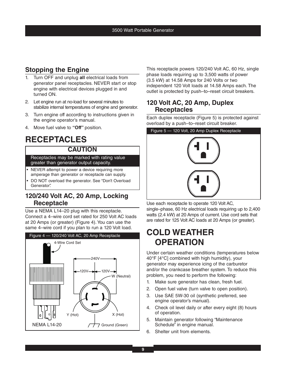 Receptacles, Cold weather operation, Stopping the engine | Caution | Briggs & Stratton 196382GS User Manual | Page 9 / 44