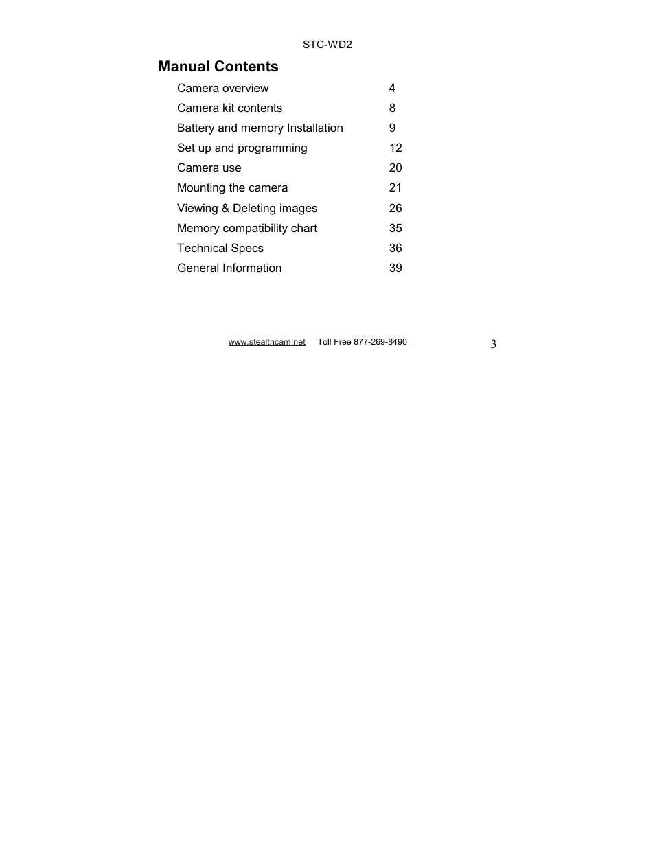 Manual contents | Stealth Cam STC-WD2 I230 User Manual | Page 3 / 40