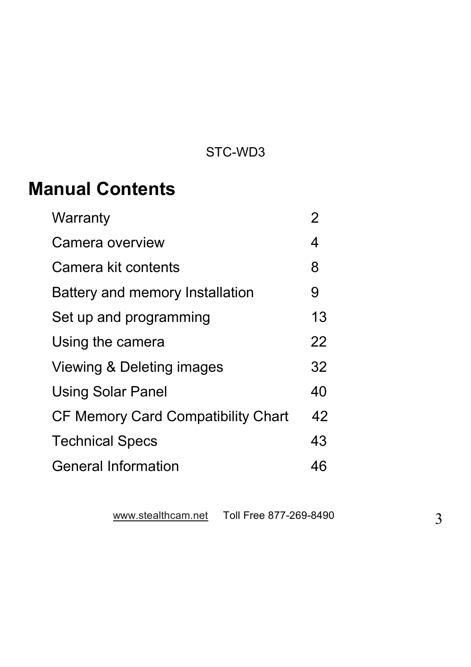 Manual contents | Stealth Cam STC-WD3 I330 User Manual | Page 3 / 47