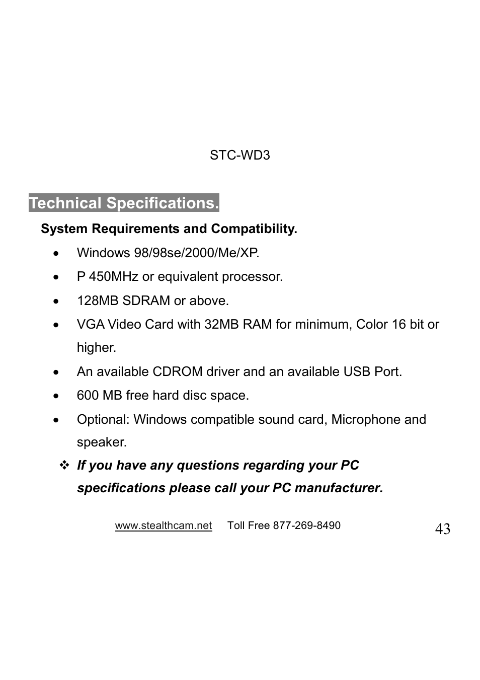 Technical specifications | Stealth Cam STC-WD3 I330 User Manual | Page 43 / 47