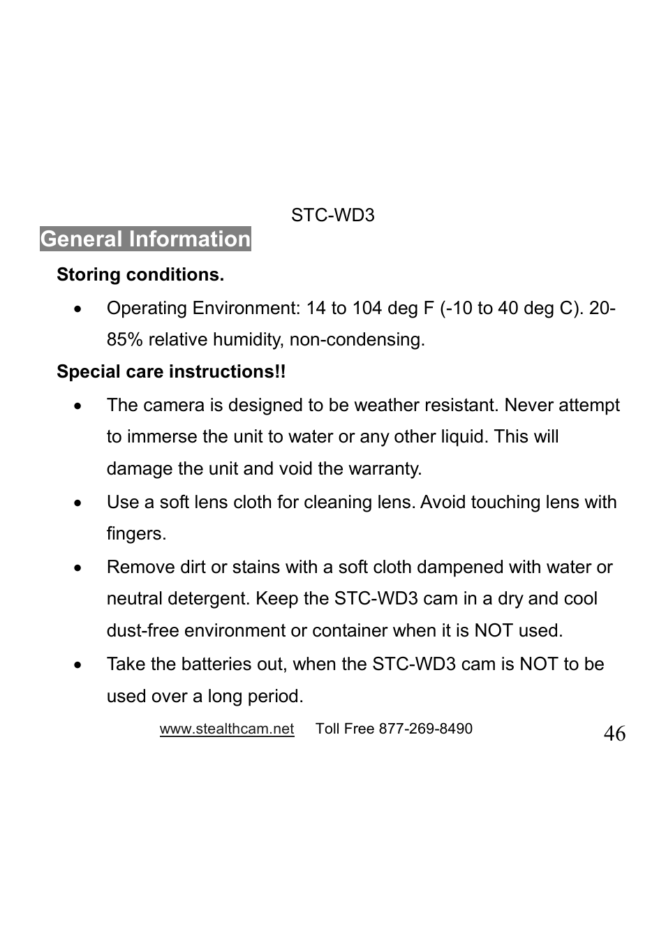 46 general information | Stealth Cam STC-WD3 I330 User Manual | Page 46 / 47