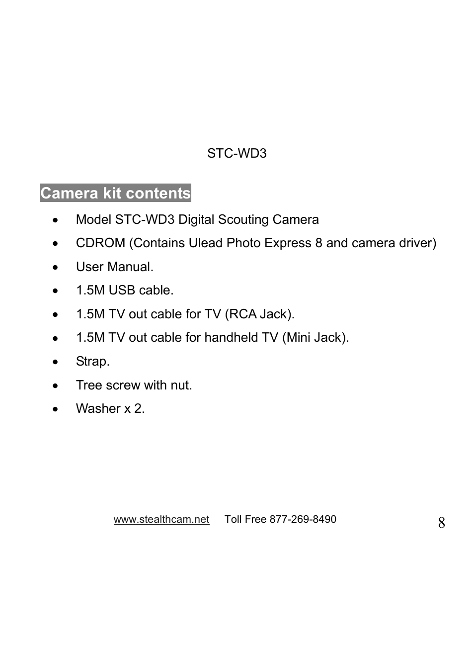 Camera kit contents | Stealth Cam STC-WD3 I330 User Manual | Page 8 / 47