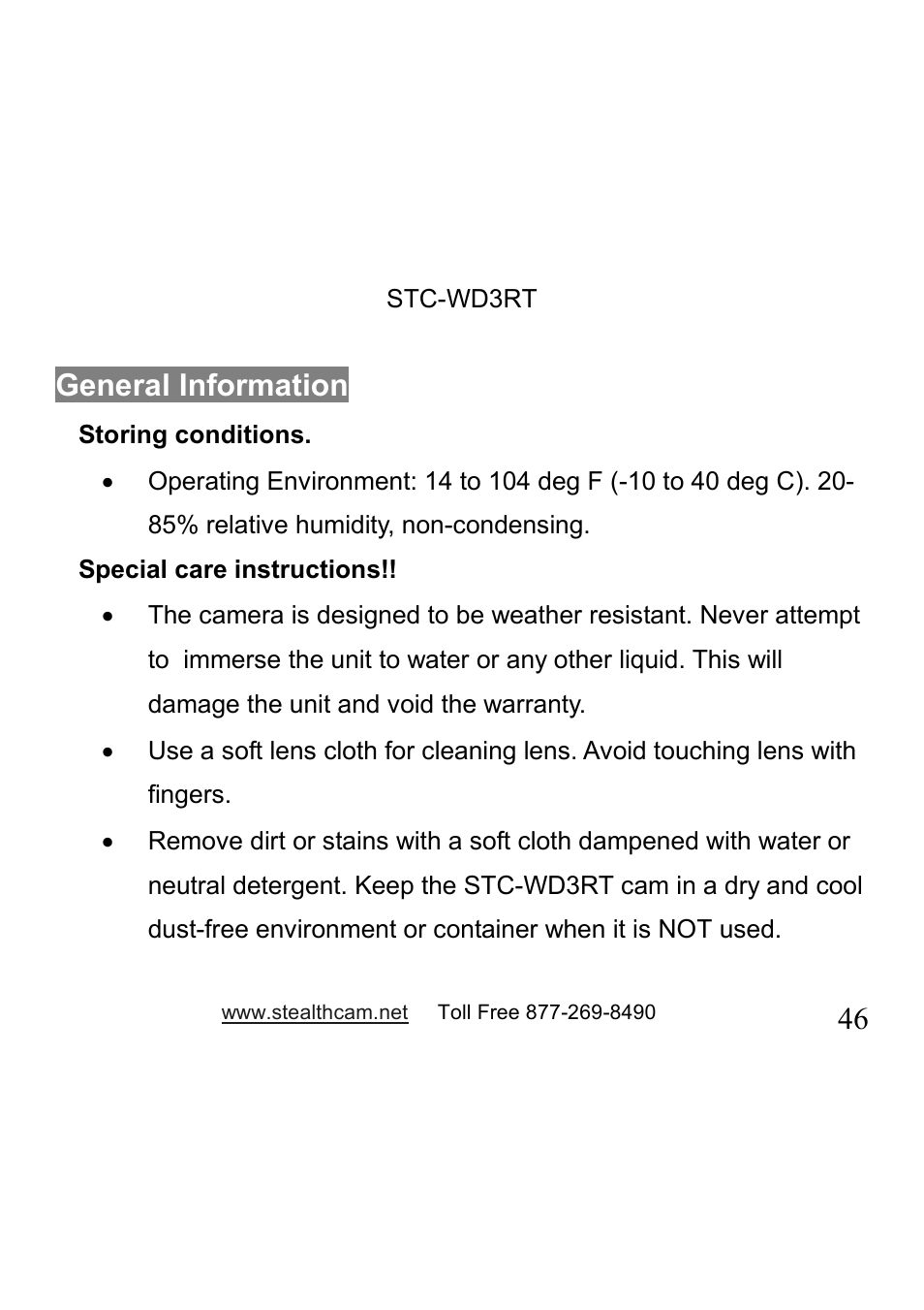 46 general information | Stealth Cam STC-WD3RT I330RT User Manual | Page 46 / 47