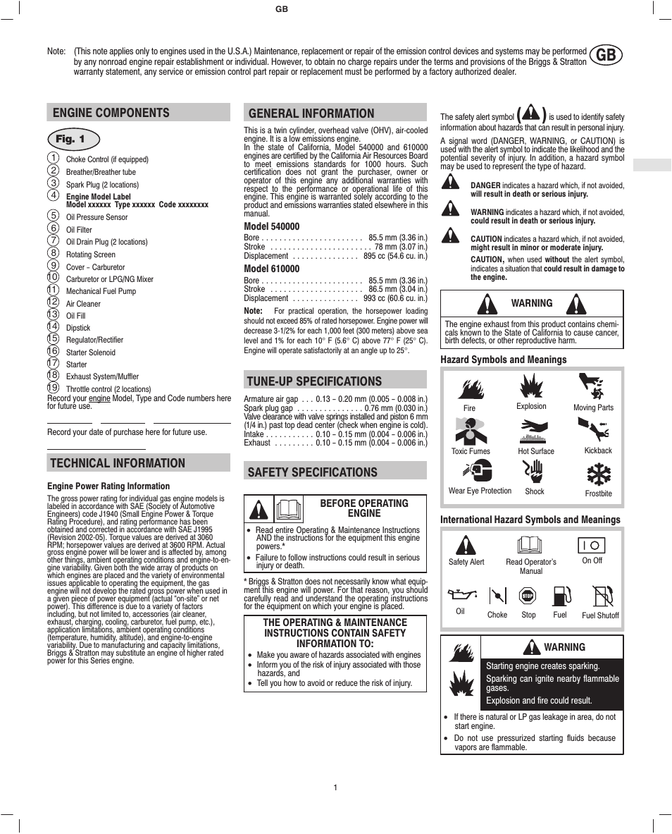 Engine components, Technical information, General information | Tune-up specifications, Safety specifications | Briggs & Stratton VANGUARD 610000 User Manual | Page 3 / 10