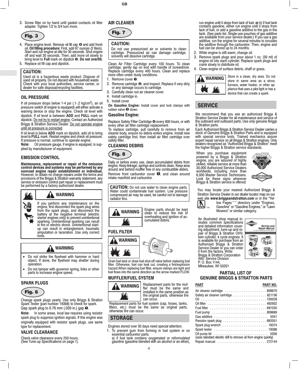 Storage, Service | Briggs & Stratton VANGUARD 610000 User Manual | Page 6 / 10