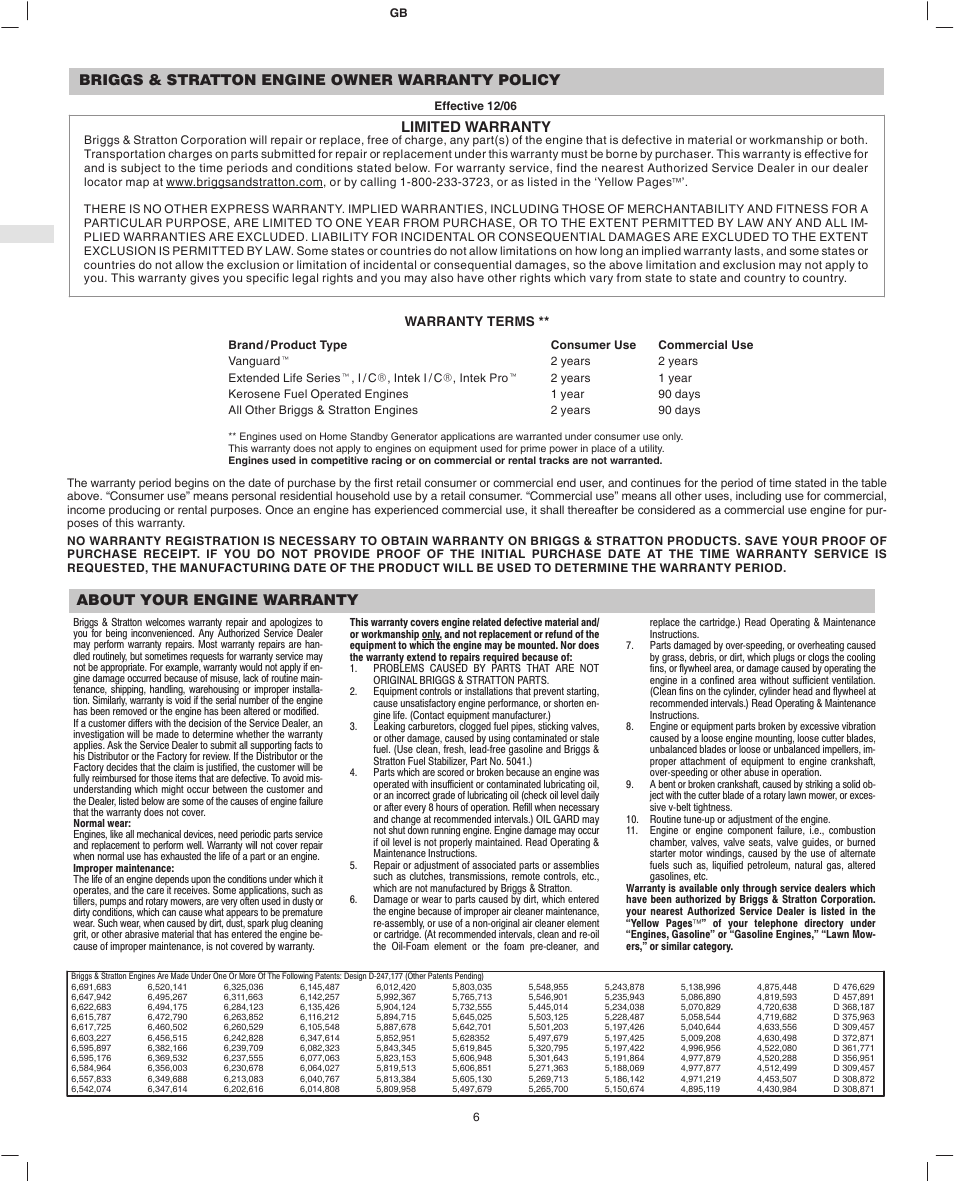 Briggs & stratton engine owner warranty policy, Limited warranty, About your engine warranty | Warranty terms | Briggs & Stratton VANGUARD 610000 User Manual | Page 8 / 10