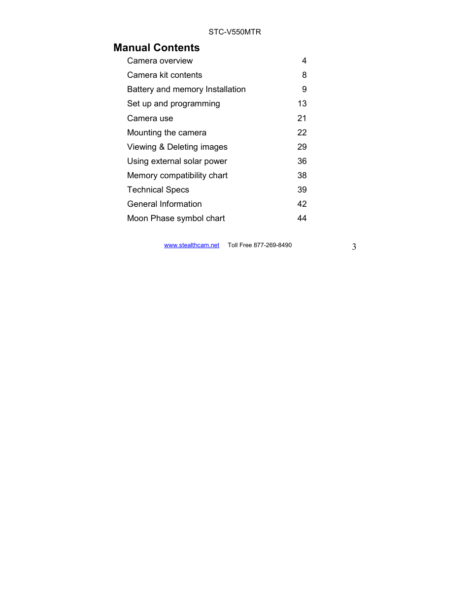 Manual contents | Stealth Cam STC-V550MTR User Manual | Page 3 / 44