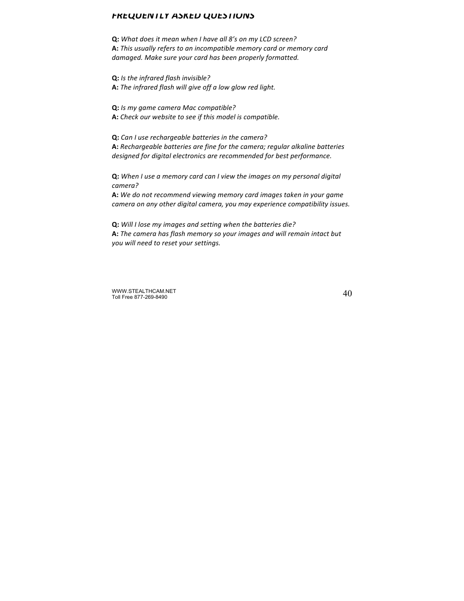 Frequently asked questions | Stealth Cam STC-P8XT Prowler-XT User Manual | Page 40 / 42