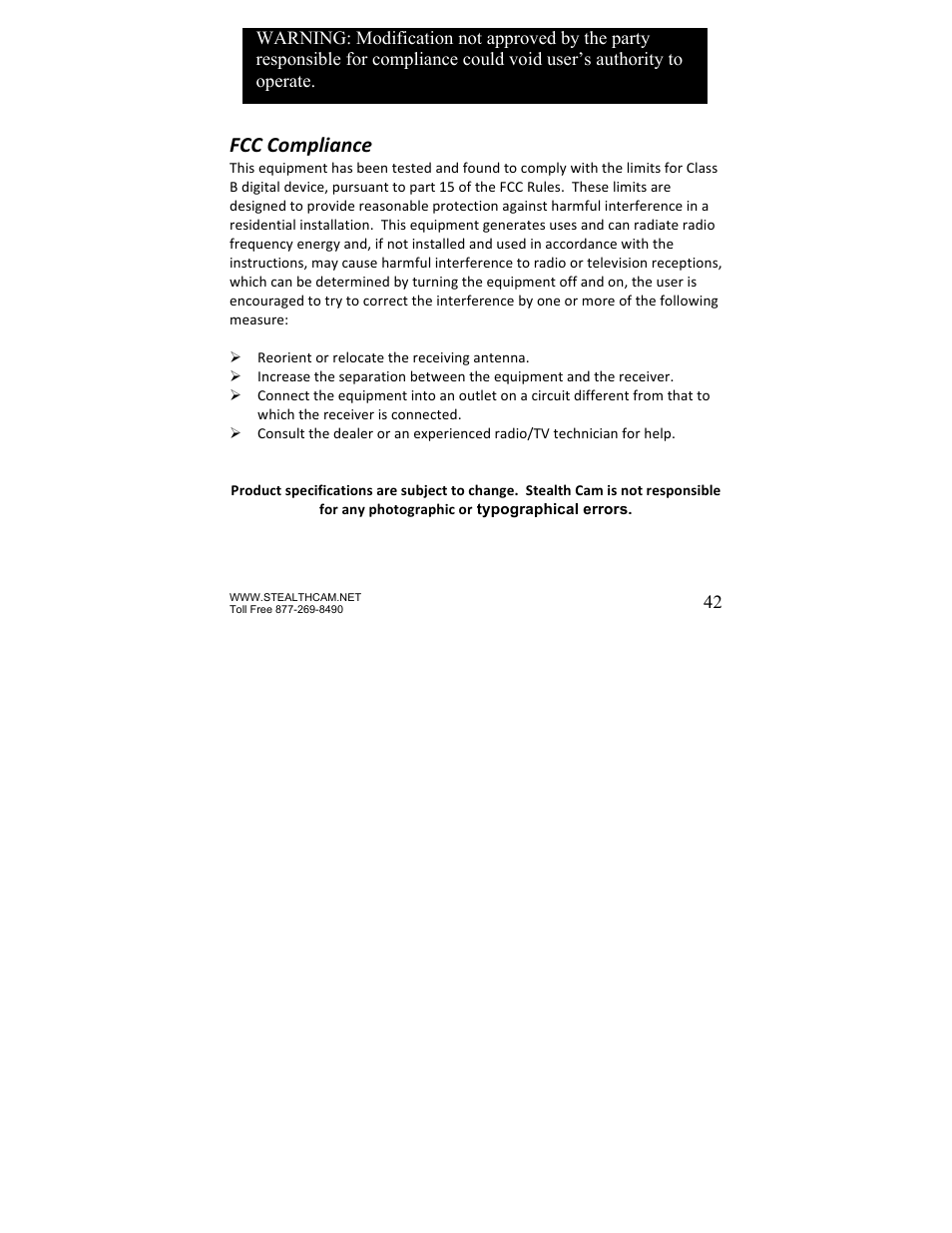 Fcc compliance | Stealth Cam STC-P8XT Prowler-XT User Manual | Page 42 / 42