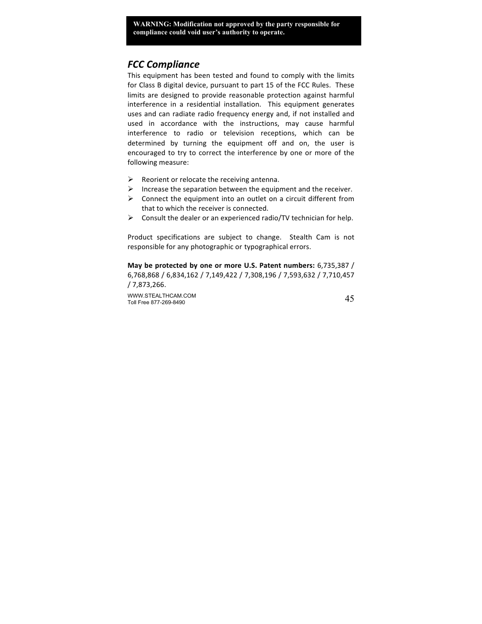 Fcc compliance | Stealth Cam STC-SNX1 Sniper-Shadow User Manual | Page 45 / 45