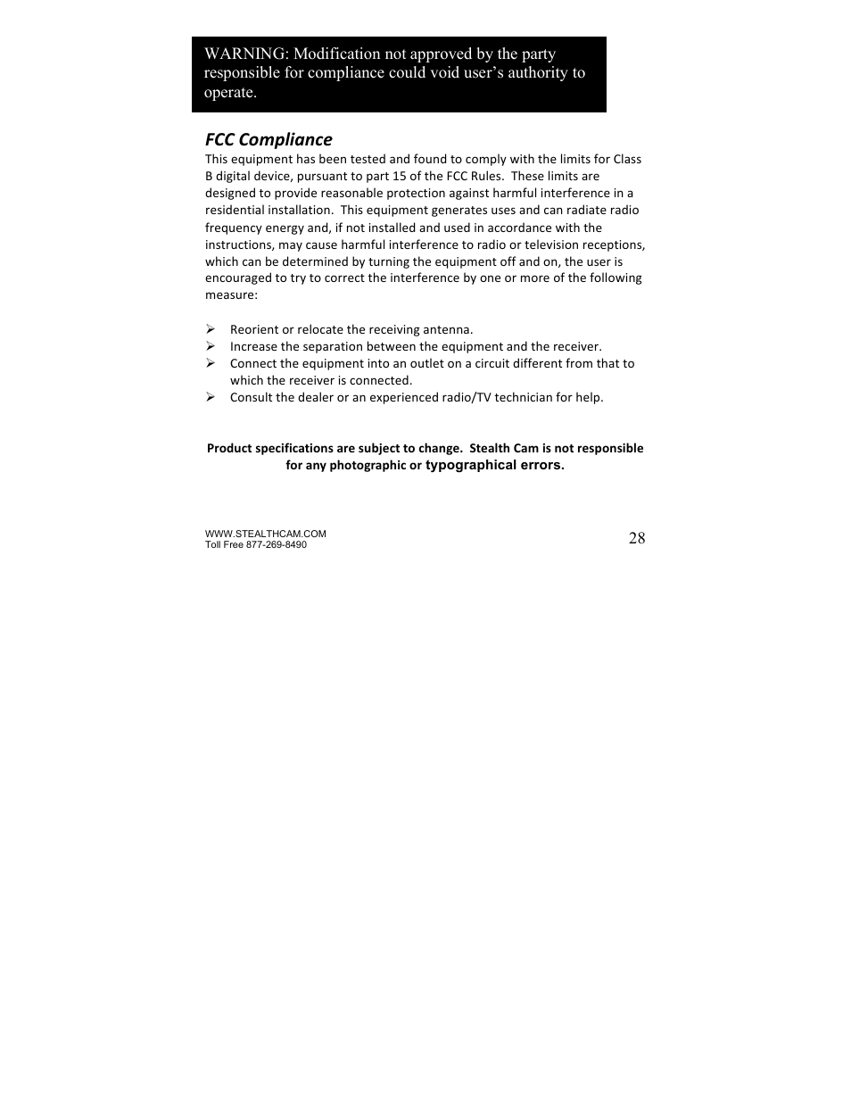 Fcc compliance | Stealth Cam STC-Z3IR Titan User Manual | Page 28 / 28