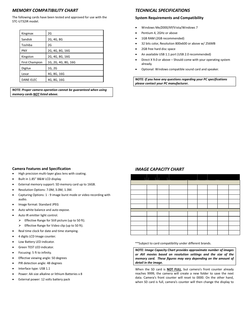 Technical specifications, Image capacity chart, System requirements and compatibility | 39 camera features and specification | Stealth Cam STC-U732K UNIT-7 User Manual | Page 10 / 11