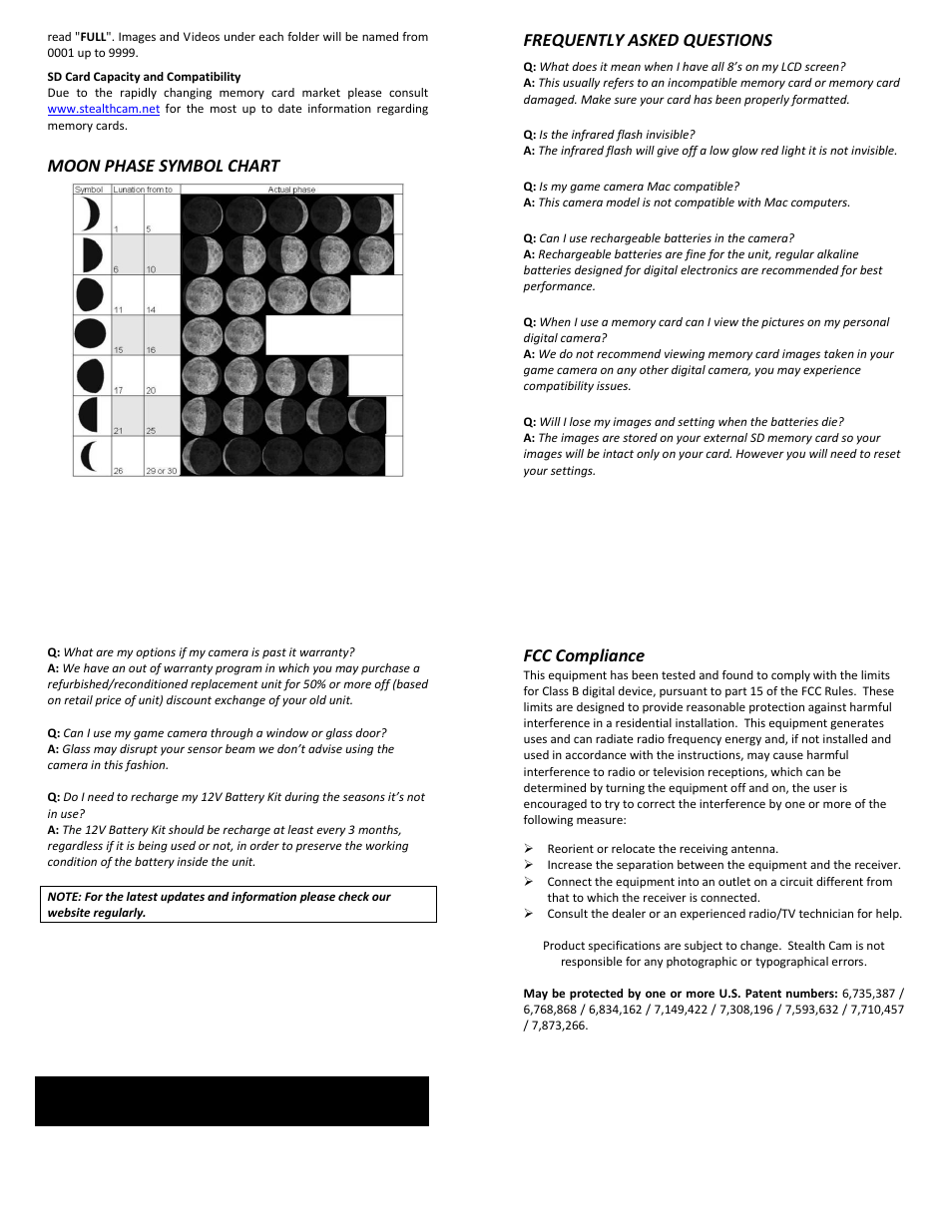 Moon phase symbol chart, Frequently asked questions, Fcc compliance | Stealth Cam STC-U732K UNIT-7 User Manual | Page 11 / 11