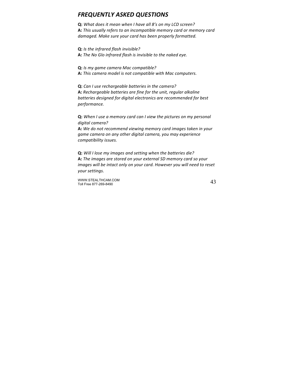Frequently asked questions | Stealth Cam STC-U840IRNG UNIT-OPS User Manual | Page 43 / 45
